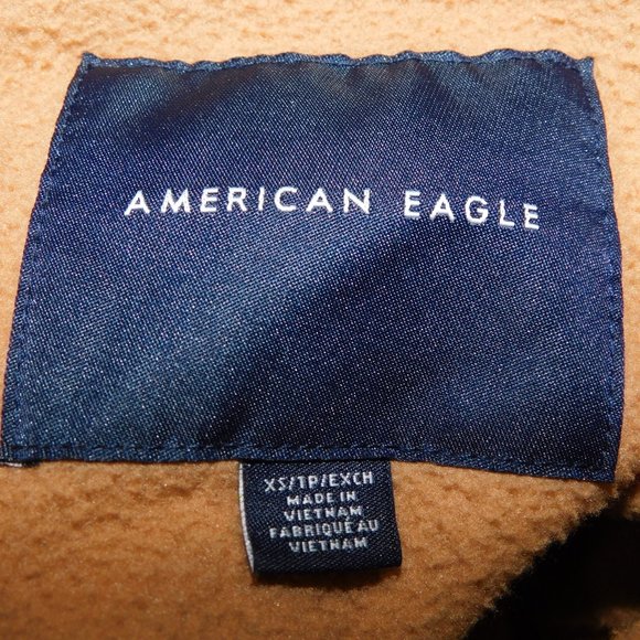 American Eagle Snap Front Sherpa Fleece Jacket Blue Tan Brown Womens XS - Picture 2 of 11